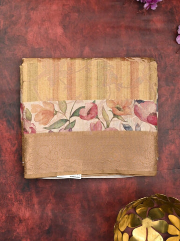 Chanderi fancy saree sandal color allover prints & zari border with rich pallu and contrast printed blouse