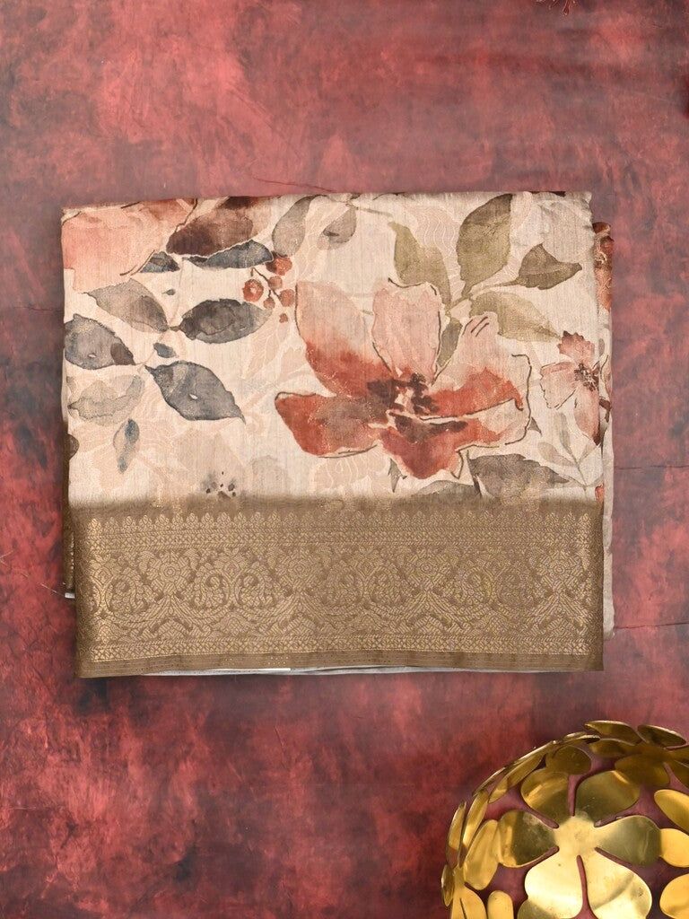 Chanderi fancy saree cream color allover prints & zari border with rich pallu and contrast printed blouse