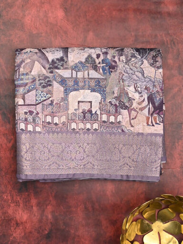 Chanderi fancy saree grey color allover prints & zari border with rich pallu and printed blouse