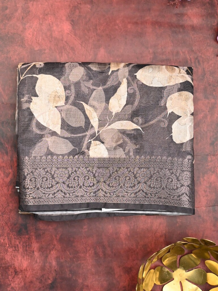 Chanderi fancy saree grey color allover prints & zari border with rich pallu and printed blouse