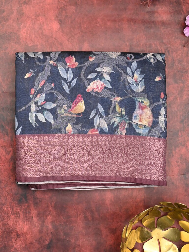 Chanderi fancy saree navy blue color allover prints & zari border with rich pallu and contrast printed blouse