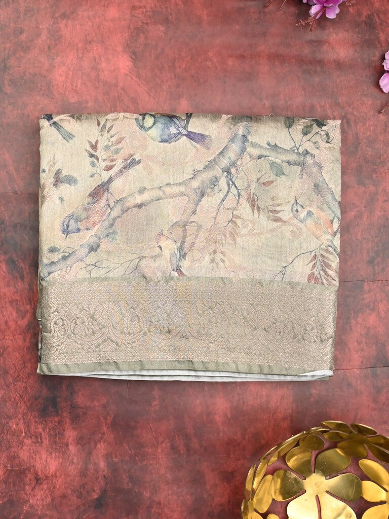 Chanderi fancy saree cream color allover prints & zari border with rich pallu and printed blouse