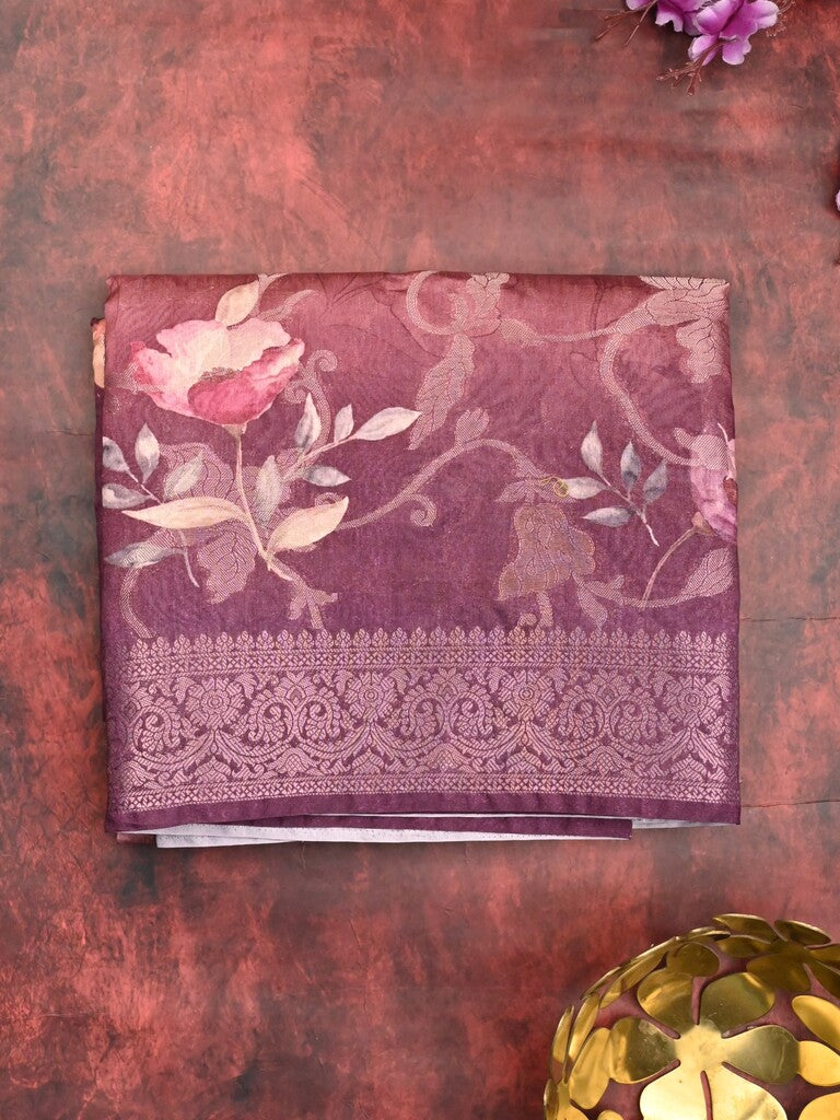 Chanderi fancy saree purple color allover prints & zari border with rich pallu and printed blouse