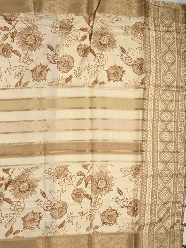 Dola silk fancy saree cream and beige color allover prints & zari border with printed pallu and printed blouse