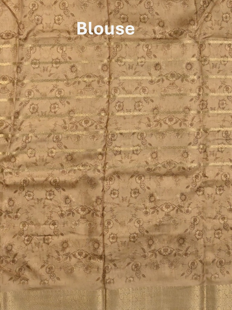 Dola silk fancy saree cream and beige color allover prints & zari border with printed pallu and printed blouse