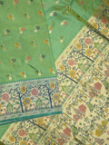 Dupion fancy saree light green color allover zari motifs & zari border with rich pallu and attached self blouse