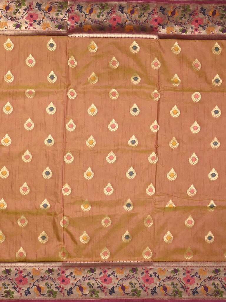 Dupion fancy saree brown color allover zari motifs & zari border with rich pallu and attached self blouse