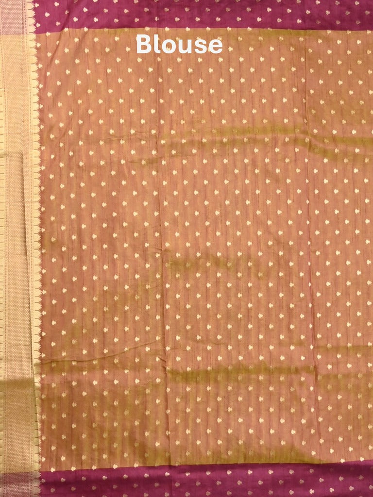 Dupion fancy saree brown color allover zari motifs & zari border with rich pallu and attached self blouse