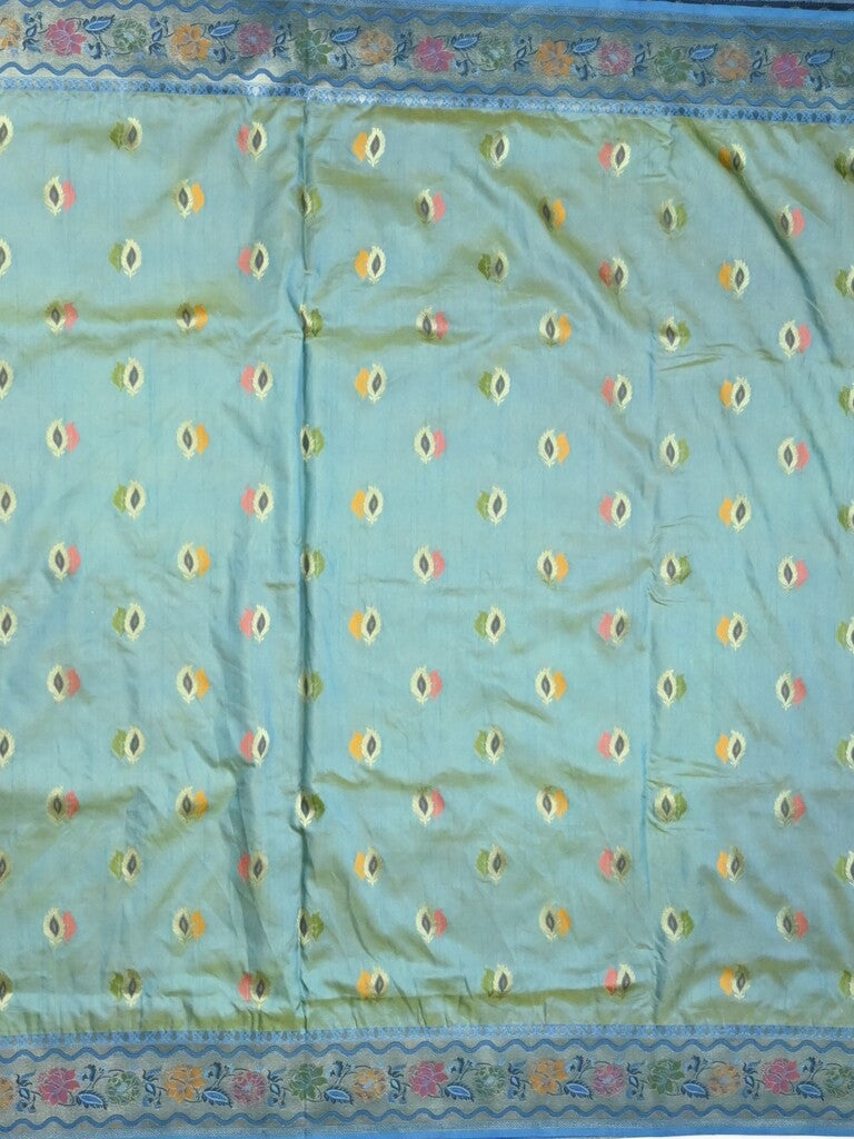 Dupion fancy saree light blue color allover zari motifs & zari border with rich pallu and attached self blouse