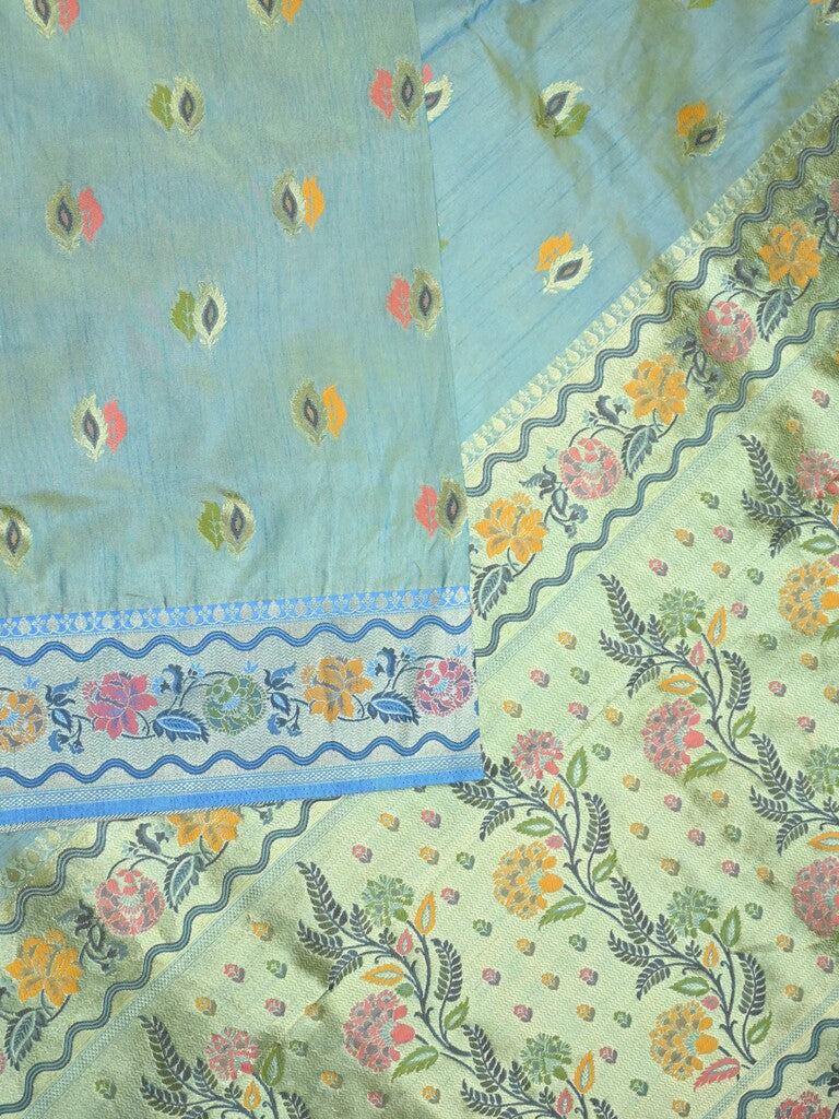 Dupion fancy saree light blue color allover zari motifs & zari border with rich pallu and attached self blouse