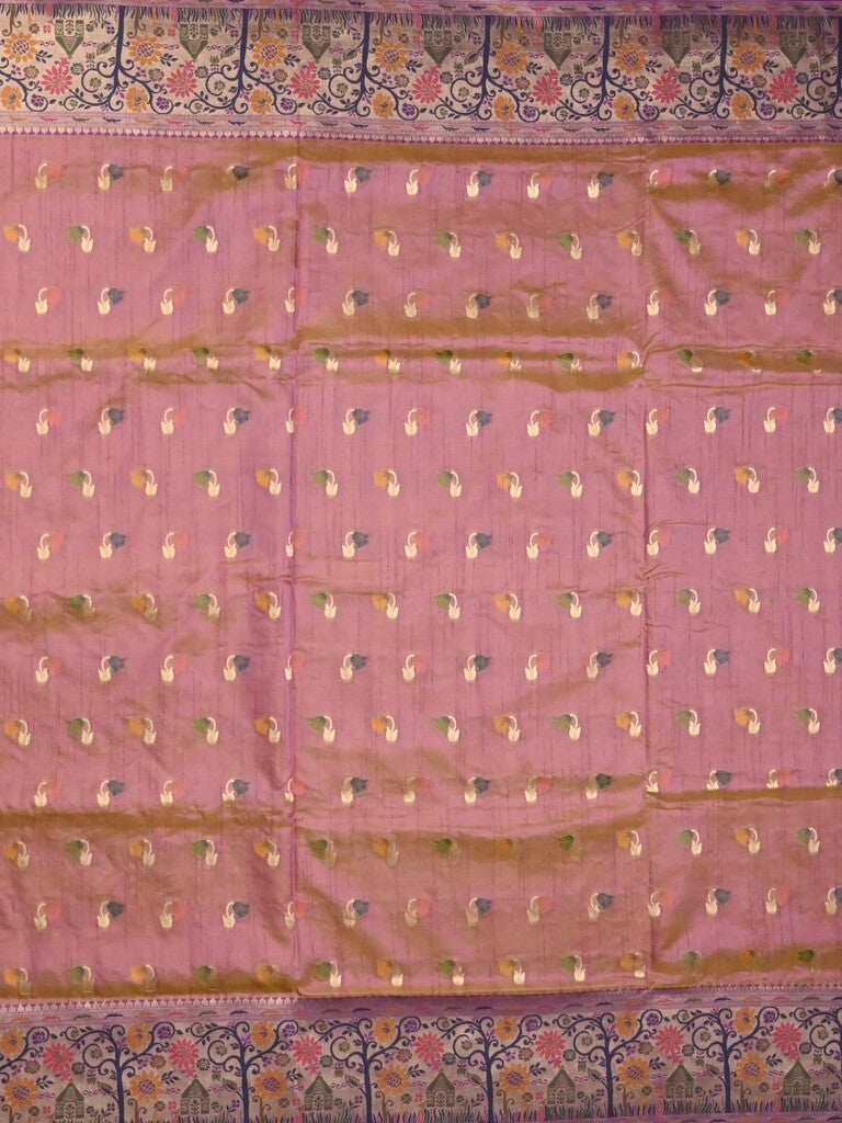 Dupion fancy saree pinkish purple color allover zari motifs & zari border with rich pallu and attached self blouse