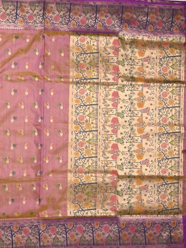 Dupion fancy saree pinkish purple color allover zari motifs & zari border with rich pallu and attached self blouse