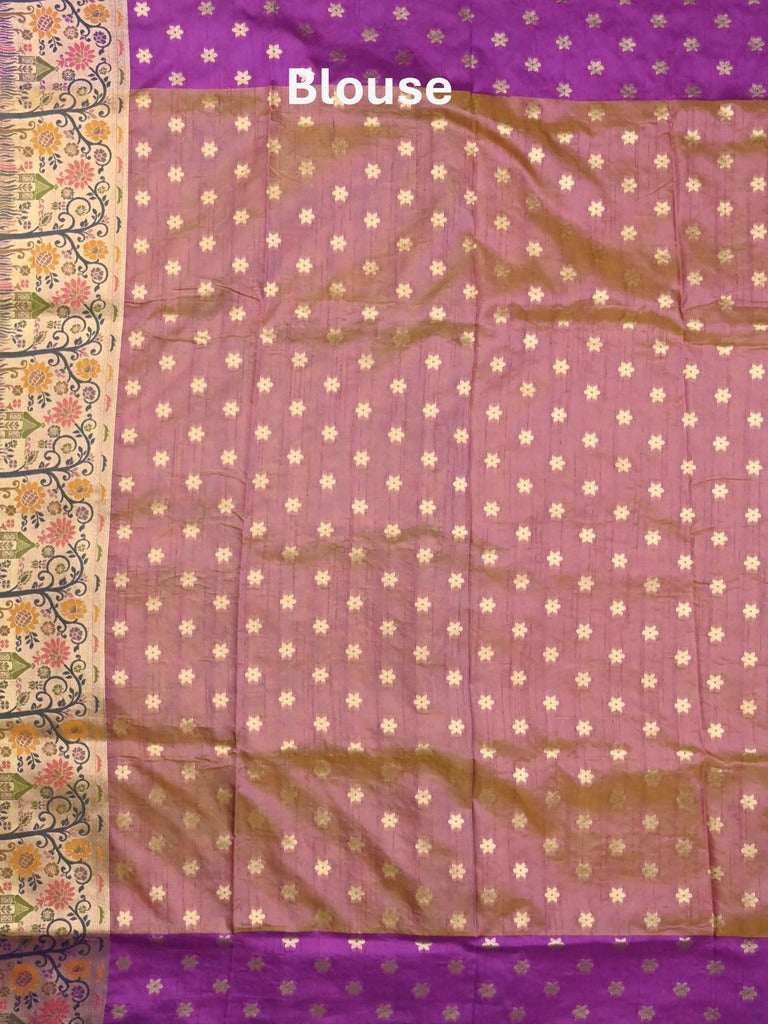 Dupion fancy saree pinkish purple color allover zari motifs & zari border with rich pallu and attached self blouse