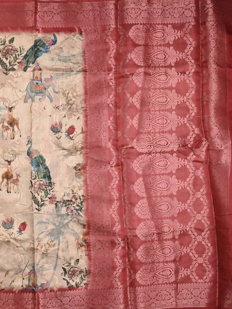 Chanderi fancy saree cream color allover prints & zari border with rich pallu and printed blouse