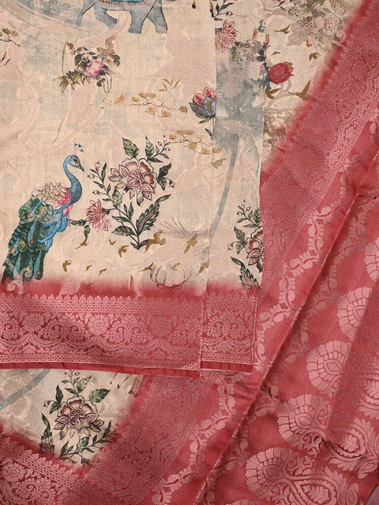 Chanderi fancy saree cream color allover prints & zari border with rich pallu and printed blouse