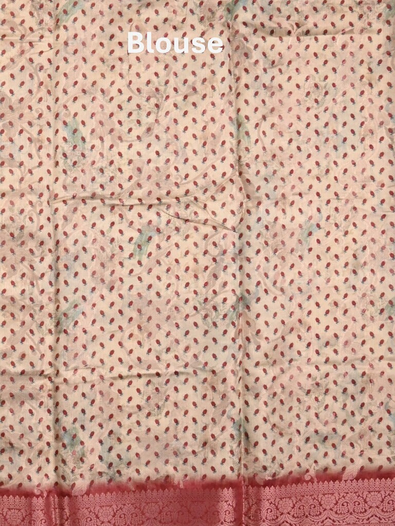 Chanderi fancy saree cream color allover prints & zari border with rich pallu and printed blouse