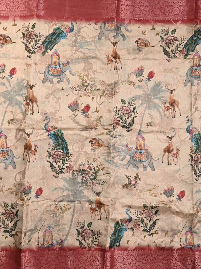 Chanderi fancy saree cream color allover prints & zari border with rich pallu and printed blouse