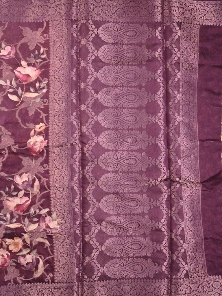 Chanderi fancy saree purple color allover prints & zari border with rich pallu and printed blouse