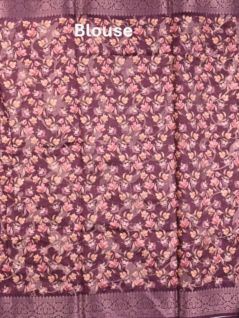 Chanderi fancy saree purple color allover prints & zari border with rich pallu and printed blouse