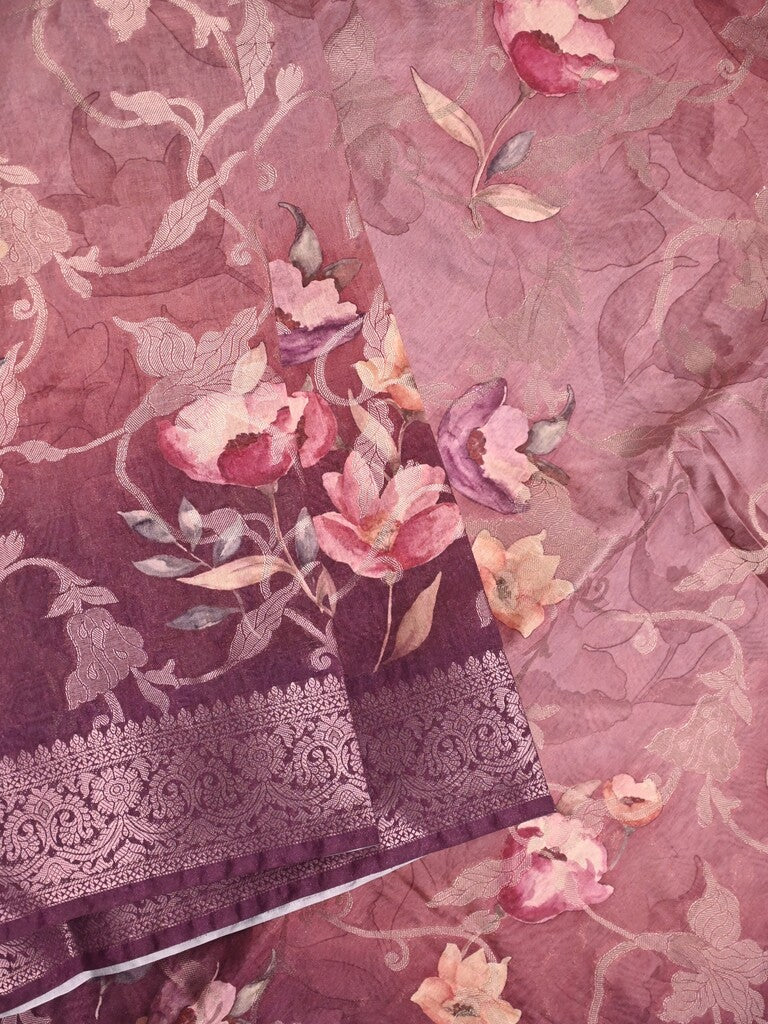 Chanderi fancy saree purple color allover prints & zari border with rich pallu and printed blouse