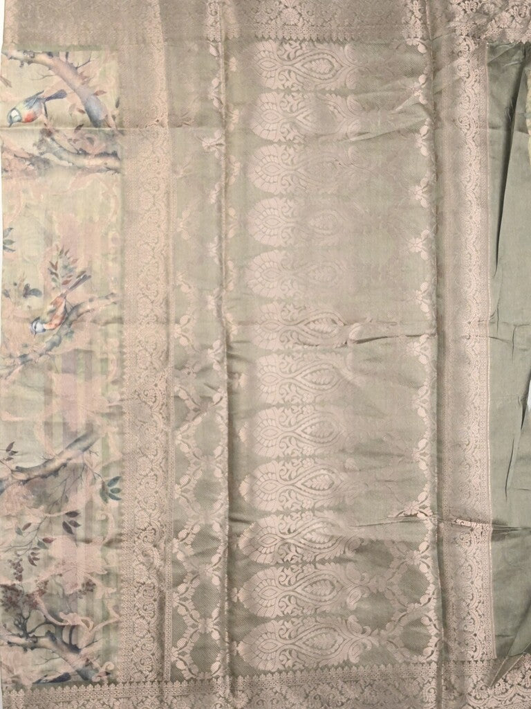 Chanderi fancy saree cream color allover prints & zari border with rich pallu and printed blouse