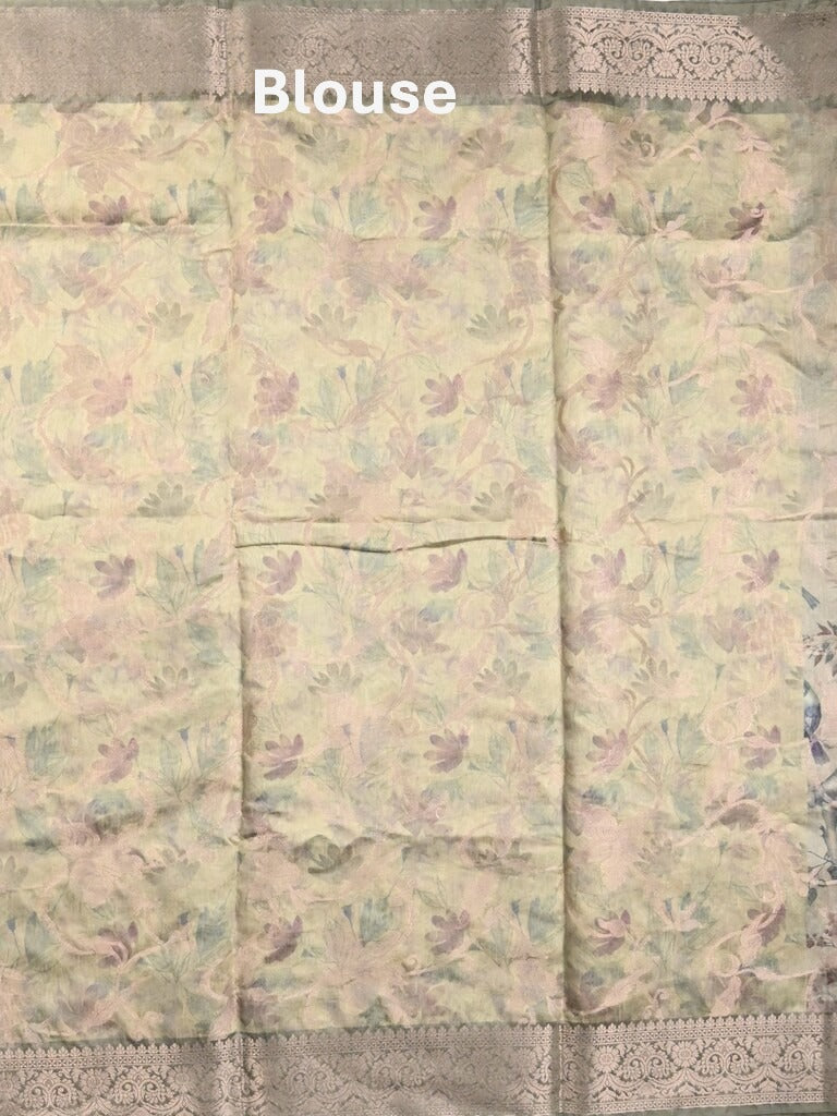 Chanderi fancy saree cream color allover prints & zari border with rich pallu and printed blouse