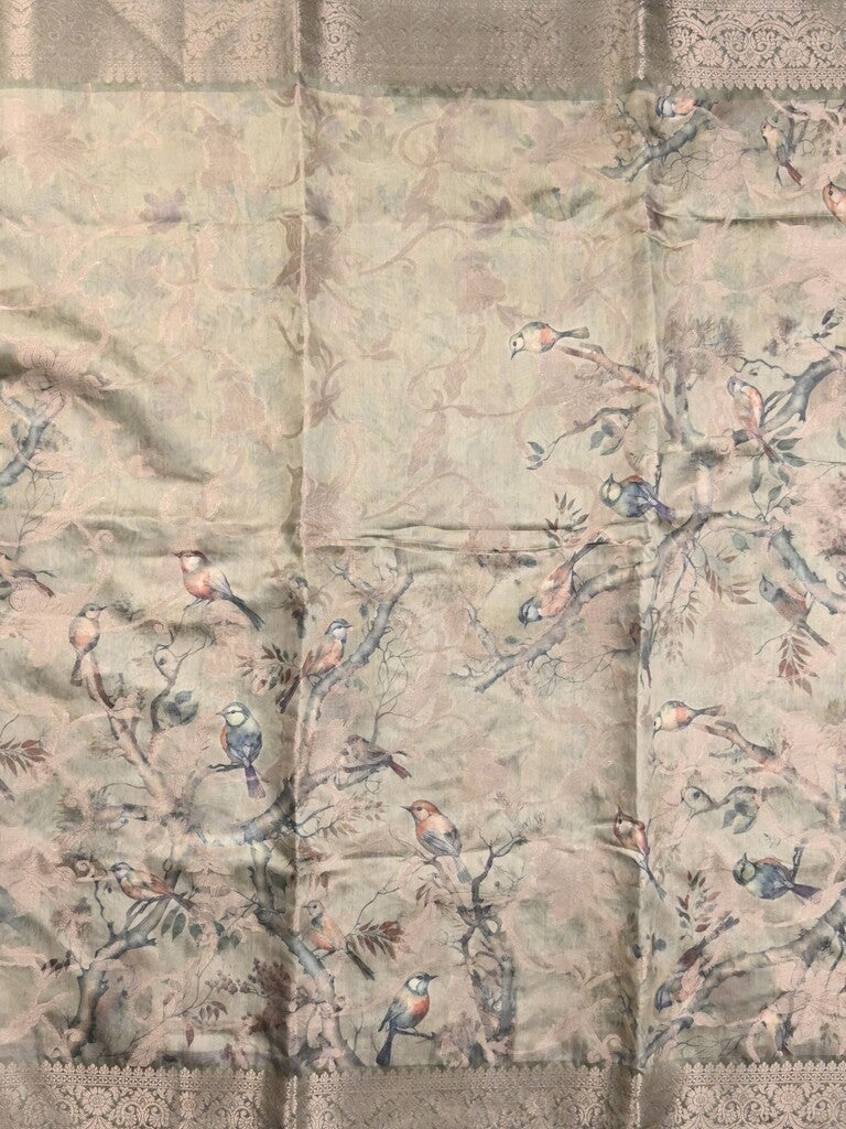 Chanderi fancy saree cream color allover prints & zari border with rich pallu and printed blouse