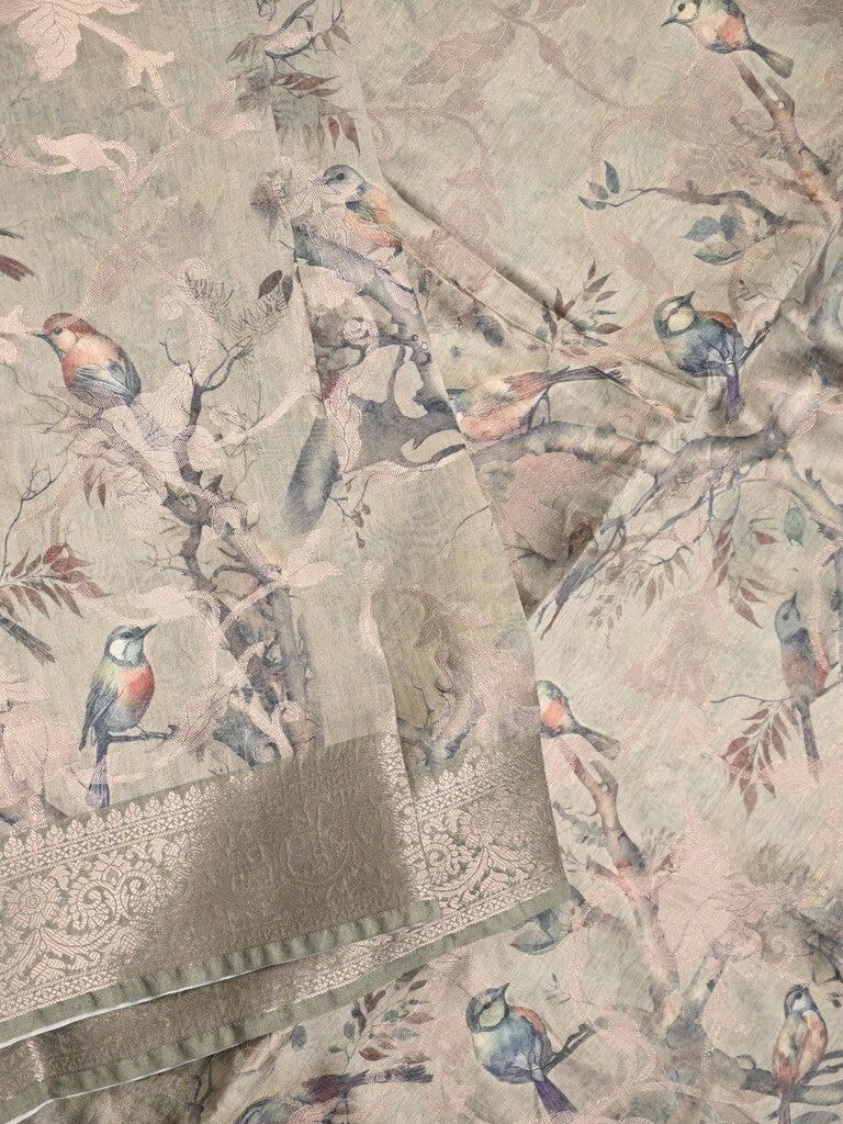 Chanderi fancy saree cream color allover prints & zari border with rich pallu and printed blouse