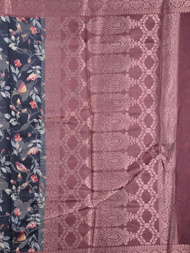 Chanderi fancy saree navy blue color allover prints & zari border with rich pallu and contrast printed blouse