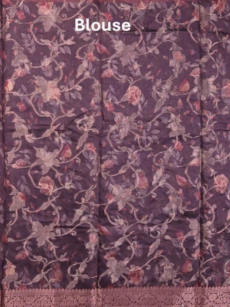 Chanderi fancy saree navy blue color allover prints & zari border with rich pallu and contrast printed blouse