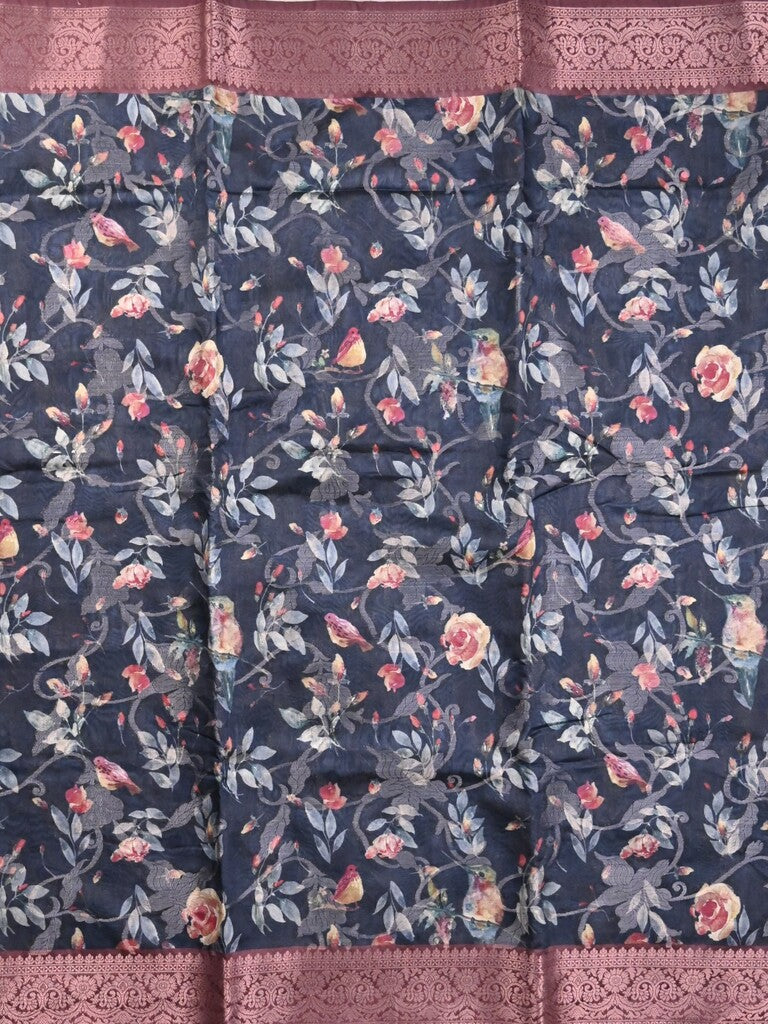 Chanderi fancy saree navy blue color allover prints & zari border with rich pallu and contrast printed blouse