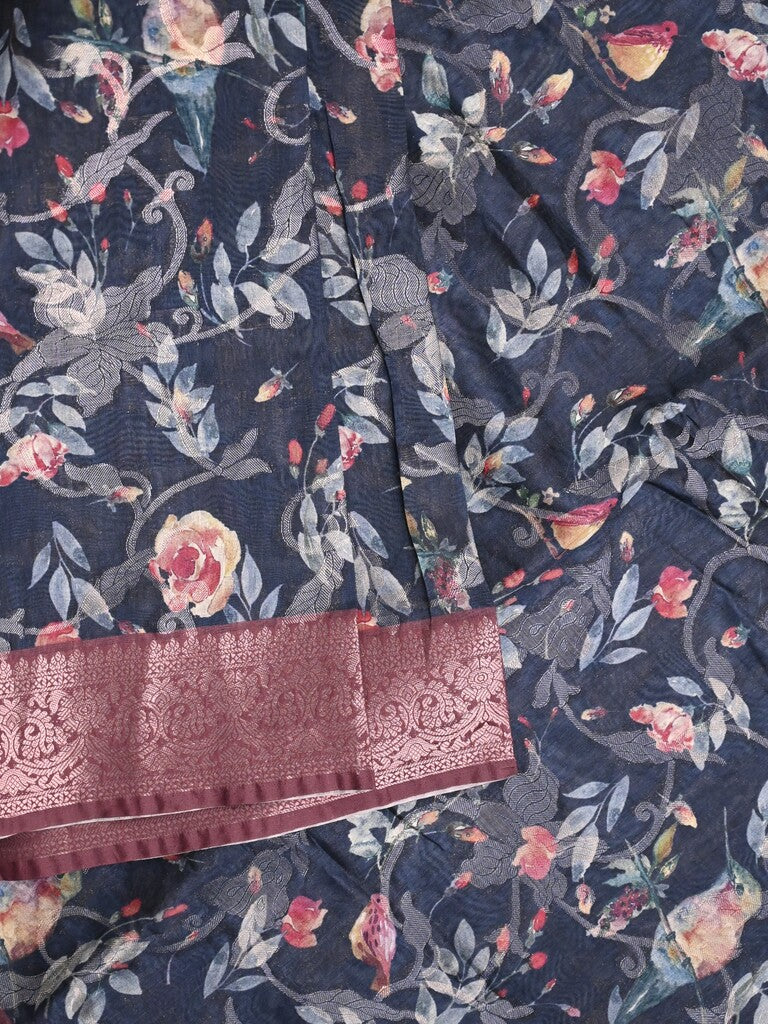 Chanderi fancy saree navy blue color allover prints & zari border with rich pallu and contrast printed blouse