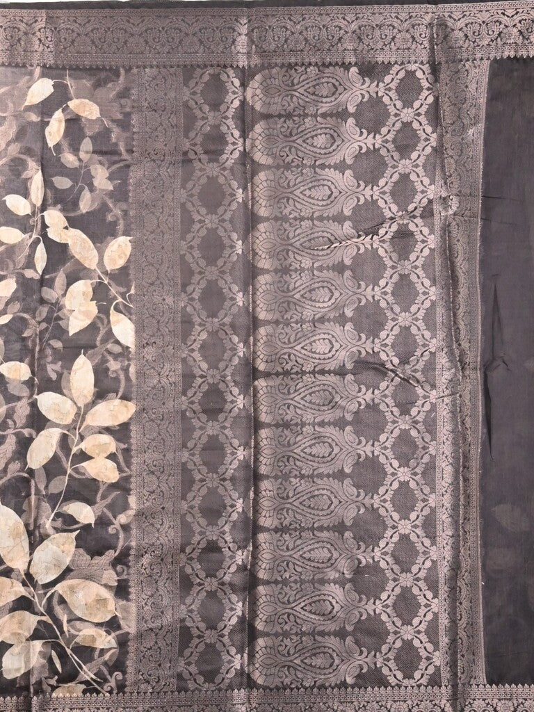 Chanderi fancy saree grey color allover prints & zari border with rich pallu and printed blouse