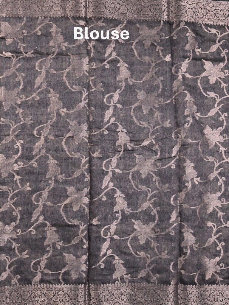 Chanderi fancy saree grey color allover prints & zari border with rich pallu and printed blouse