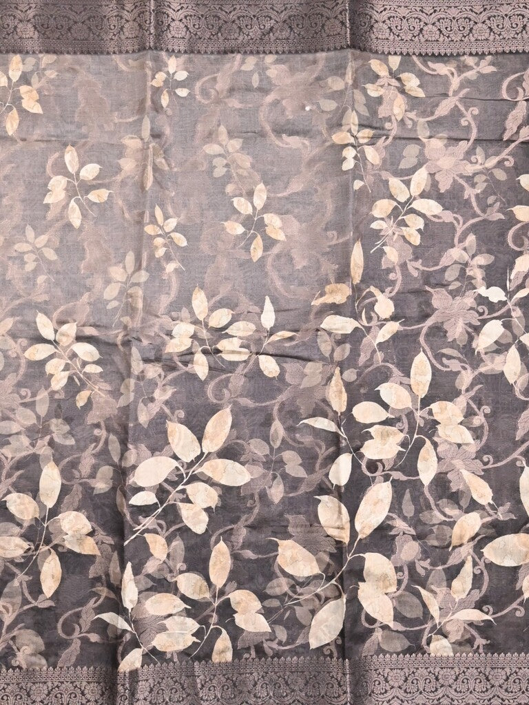 Chanderi fancy saree grey color allover prints & zari border with rich pallu and printed blouse