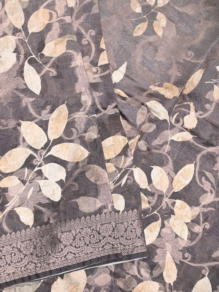 Chanderi fancy saree grey color allover prints & zari border with rich pallu and printed blouse