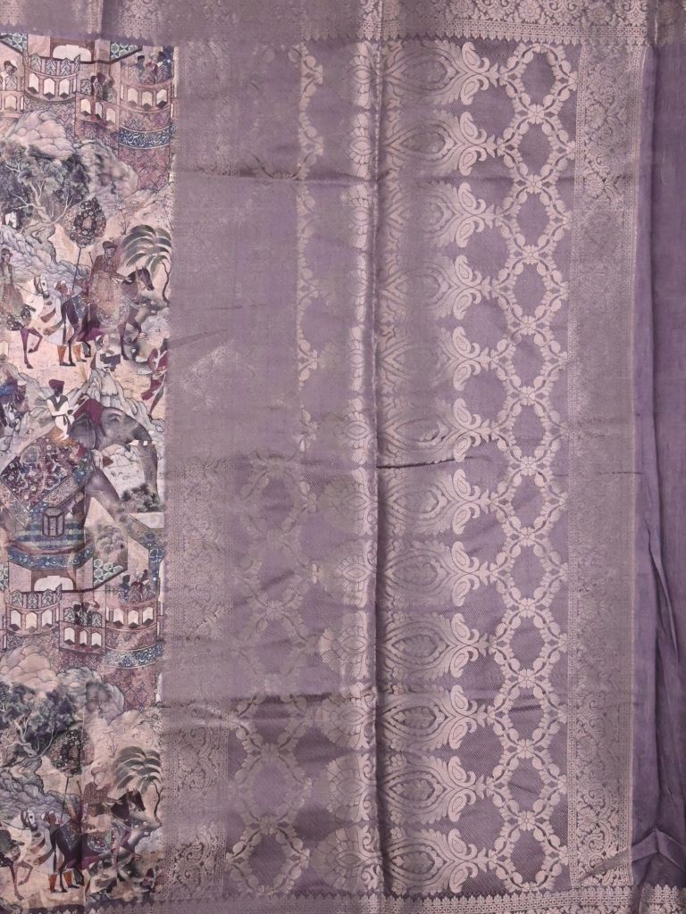 Chanderi fancy saree grey color allover prints & zari border with rich pallu and printed blouse