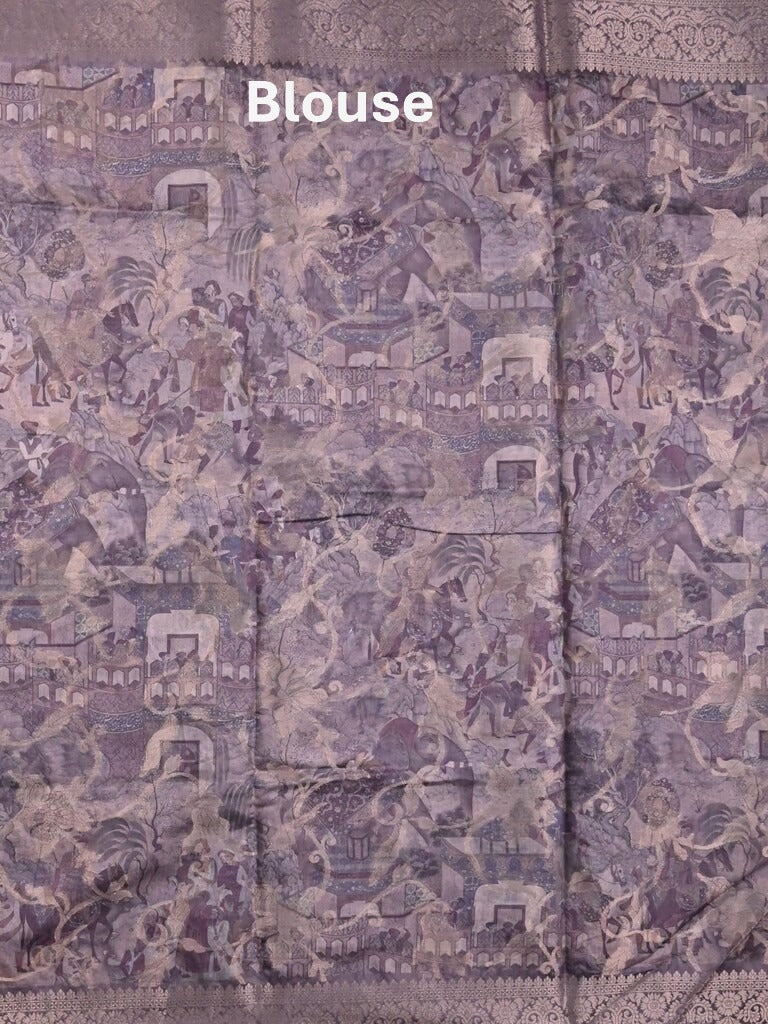 Chanderi fancy saree grey color allover prints & zari border with rich pallu and printed blouse