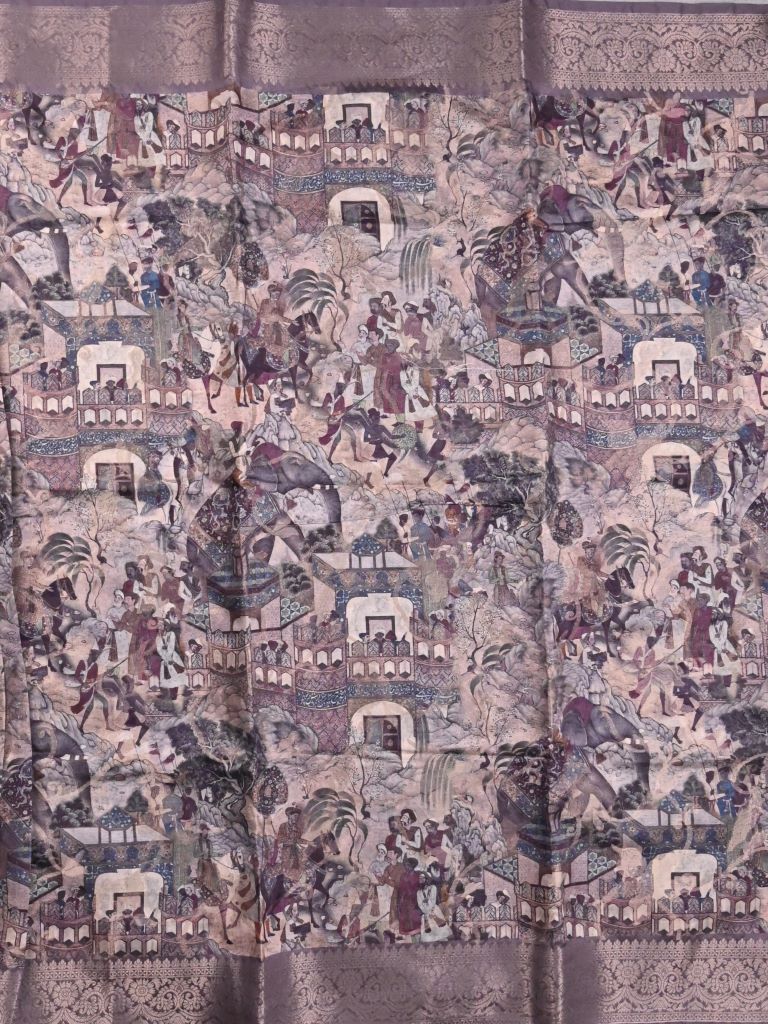 Chanderi fancy saree grey color allover prints & zari border with rich pallu and printed blouse