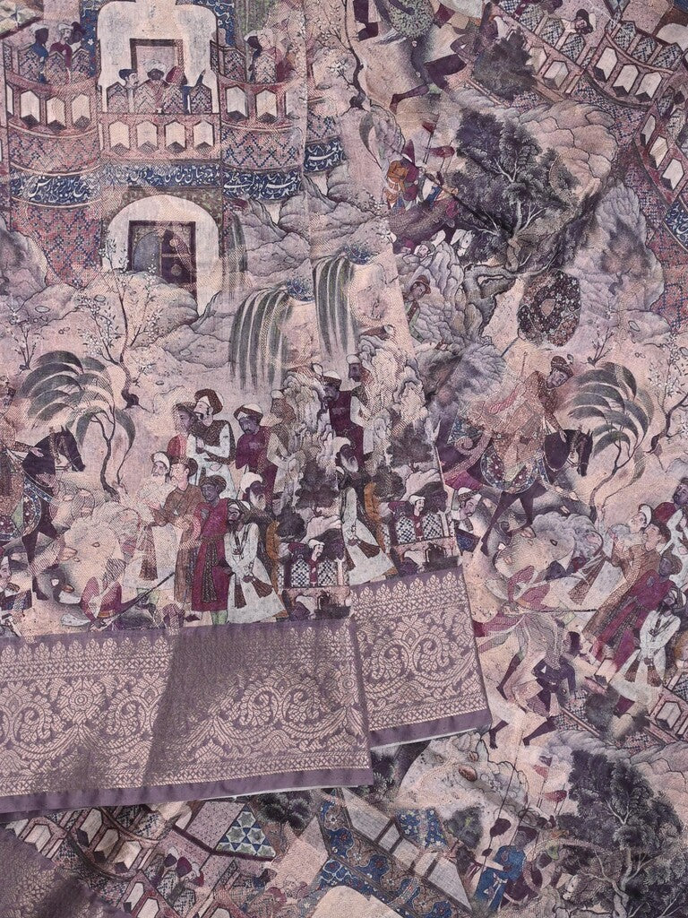 Chanderi fancy saree grey color allover prints & zari border with rich pallu and printed blouse