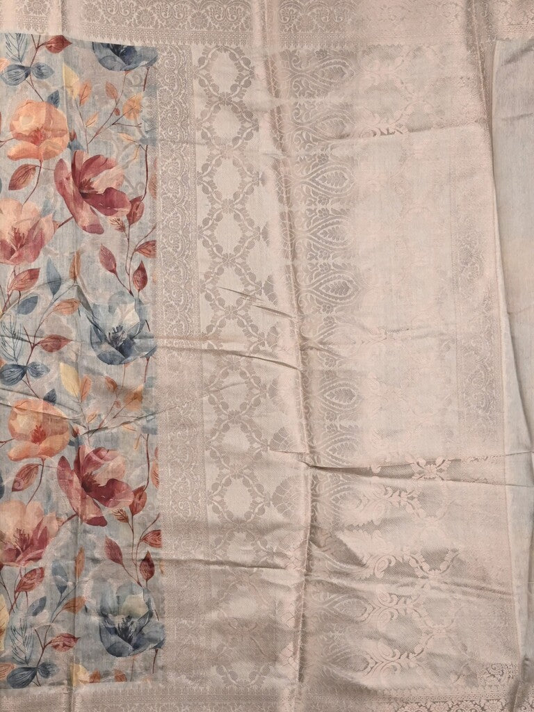 Chanderi fancy saree light grey color allover prints & zari border with rich pallu and printed blouse