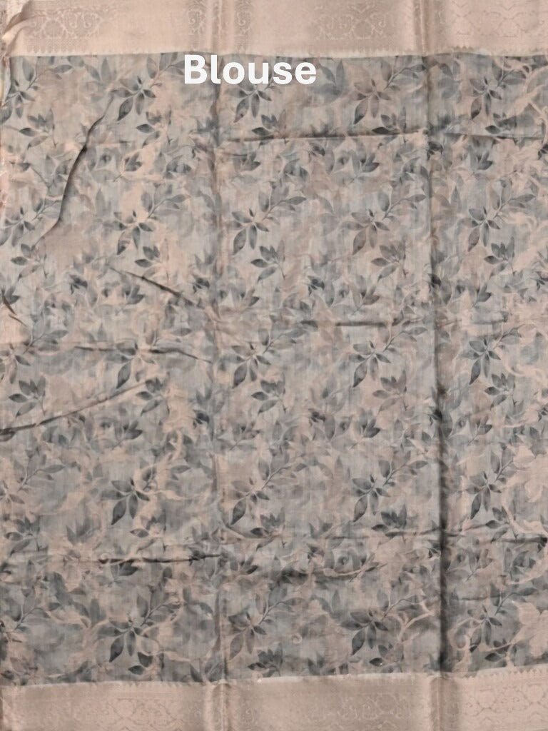 Chanderi fancy saree light grey color allover prints & zari border with rich pallu and printed blouse