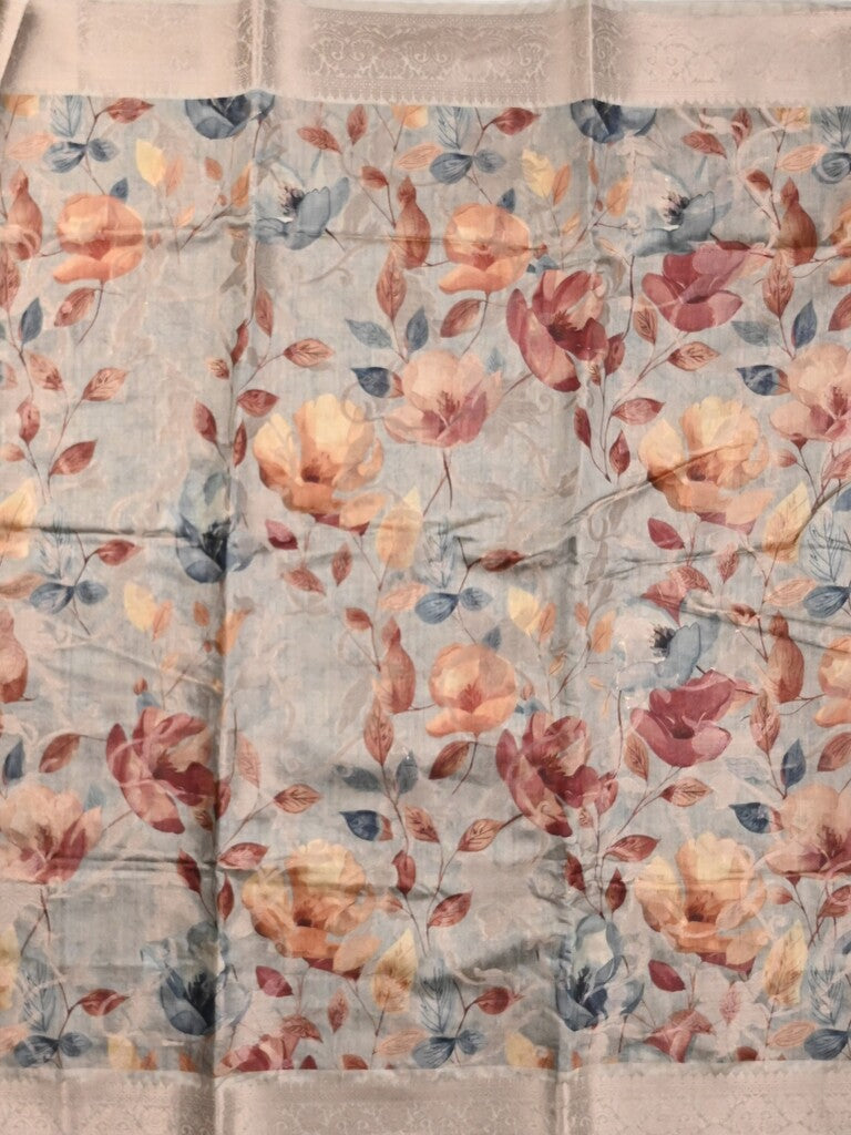 Chanderi fancy saree light grey color allover prints & zari border with rich pallu and printed blouse