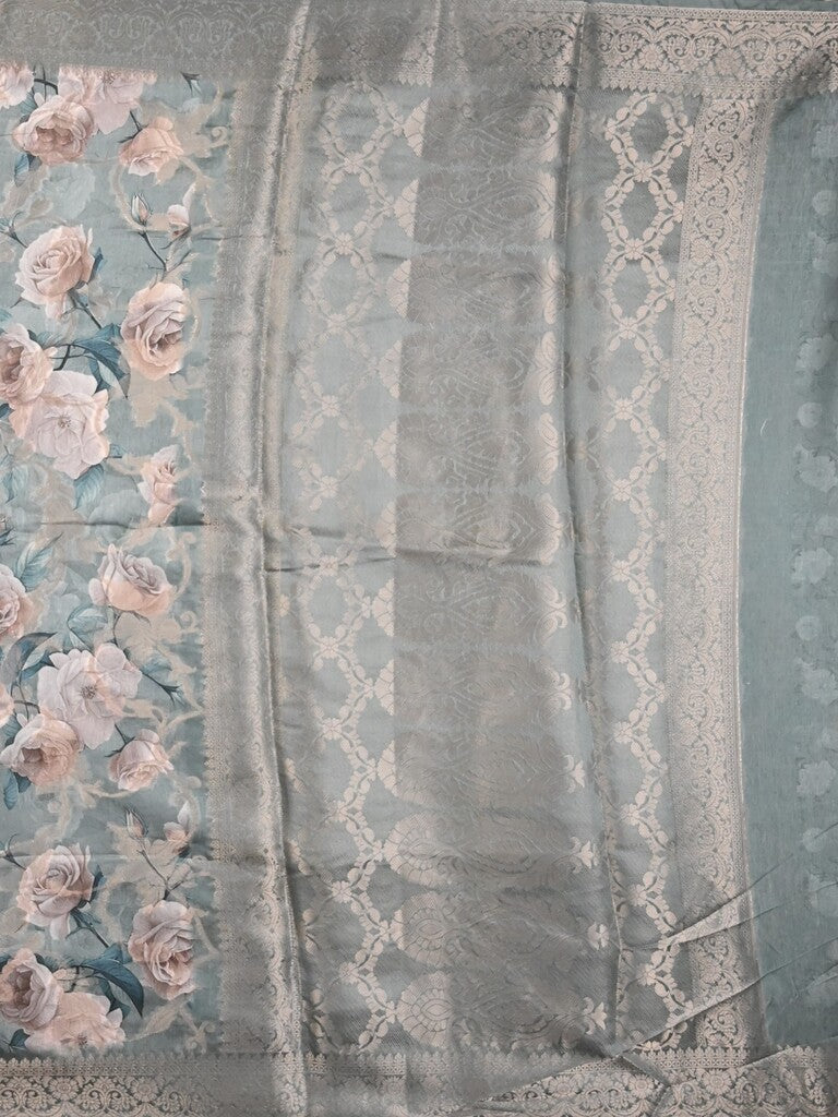 Chanderi fancy saree light blue color allover prints & zari border with rich pallu and printed blouse