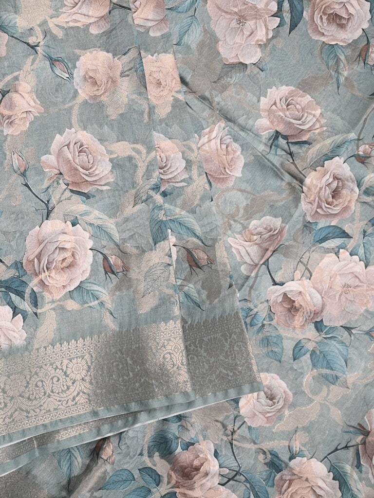 Chanderi fancy saree light blue color allover prints & zari border with rich pallu and printed blouse