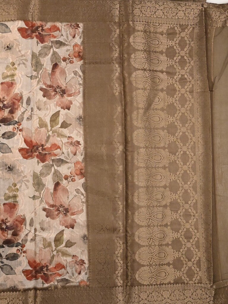 Chanderi fancy saree cream color allover prints & zari border with rich pallu and contrast printed blouse