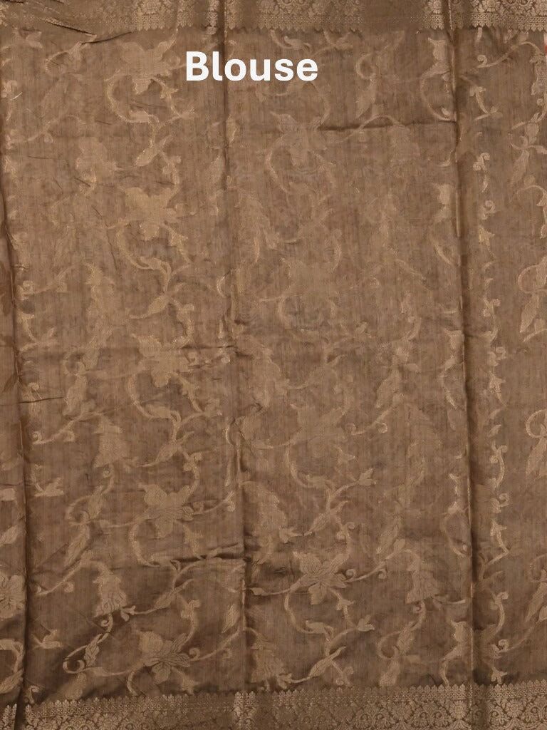 Chanderi fancy saree cream color allover prints & zari border with rich pallu and contrast printed blouse