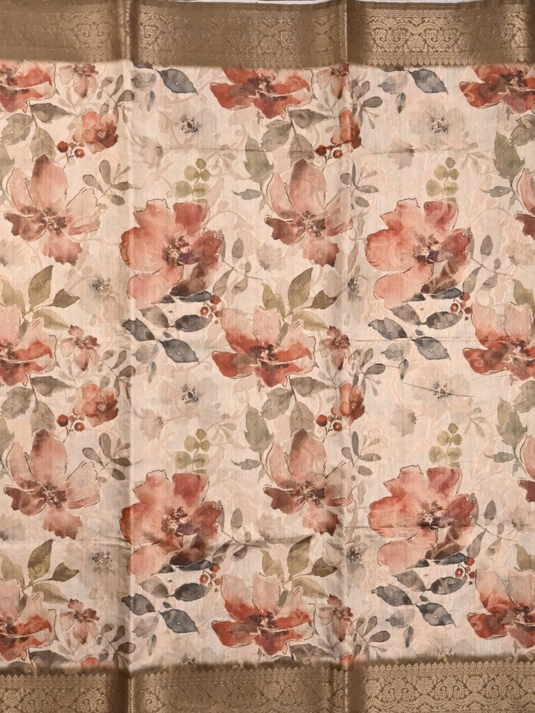 Chanderi fancy saree cream color allover prints & zari border with rich pallu and contrast printed blouse