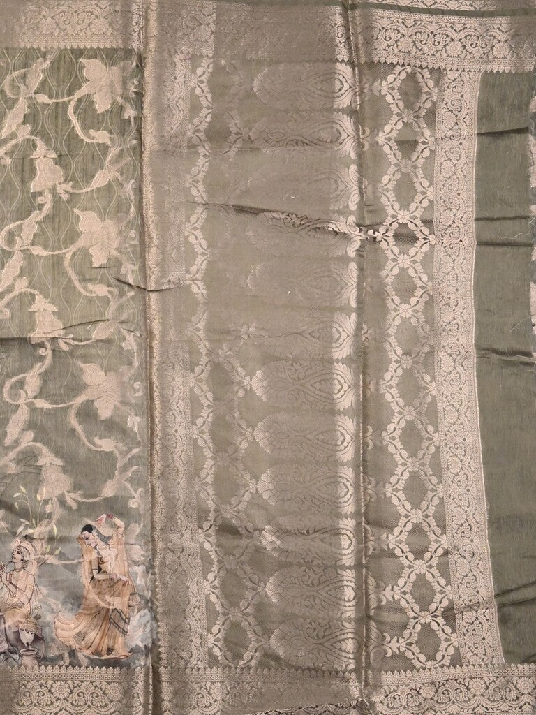 Chanderi fancy saree grey color allover prints & zari border with rich pallu and attached blouse