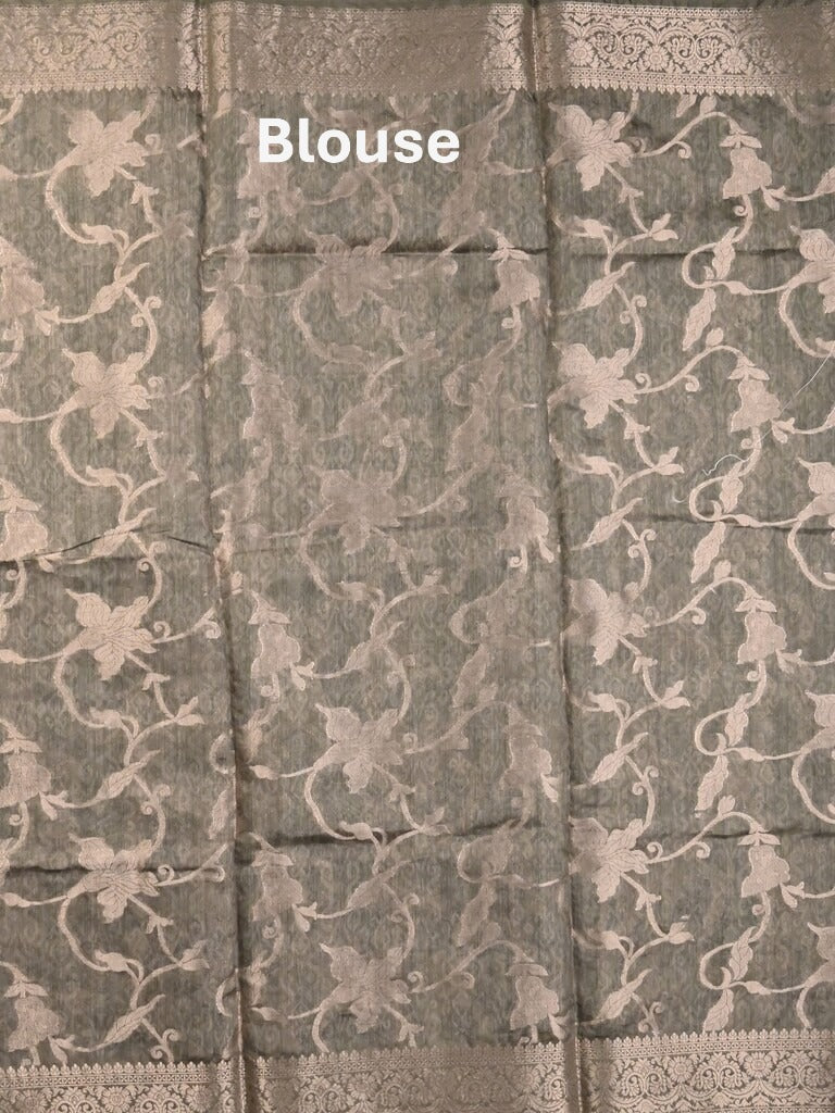 Chanderi fancy saree grey color allover prints & zari border with rich pallu and attached blouse